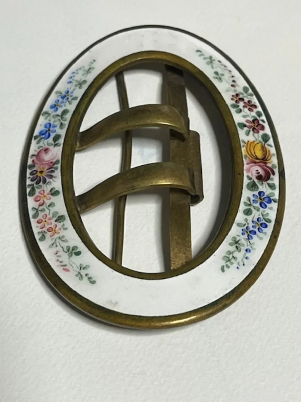VTG Oval Enamel Floral & Brass Belt Scarf Belt Buckle Hand-Painted 3.5